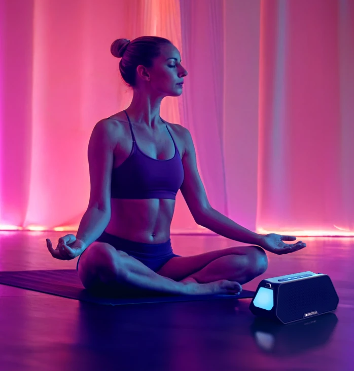 A woman is exercising in a brightly lit room and listening to music with a portable audio Soundstream Sabre.